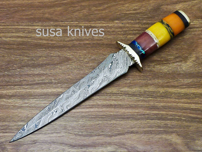 Stunning CUSTOM HAND FORGED DAMASCUS DAGGER HUNTING KNIFE CAMEL BONE - SUSA KNIVES