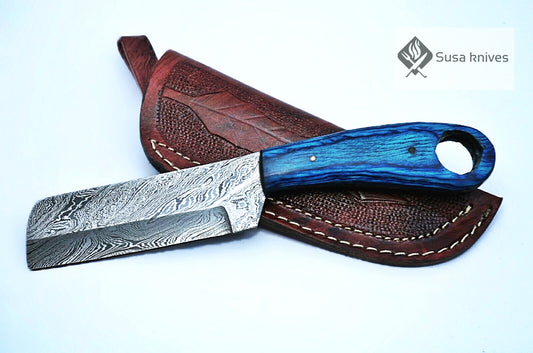HAND FORGED DAMASCUS STEEL BULL CUTTER/COWBOY KNIFE & PUKKA WOOD HANDLE - SUSA KNIVES