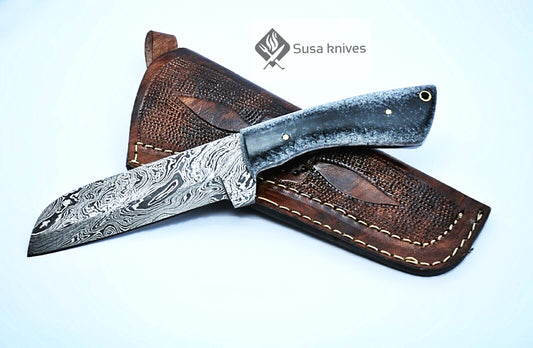 HAND FORGED DAMASCUS STEEL BULL CUTTER/COWBOY KNIFE & RISEN HANDLE - SUSA KNIVES