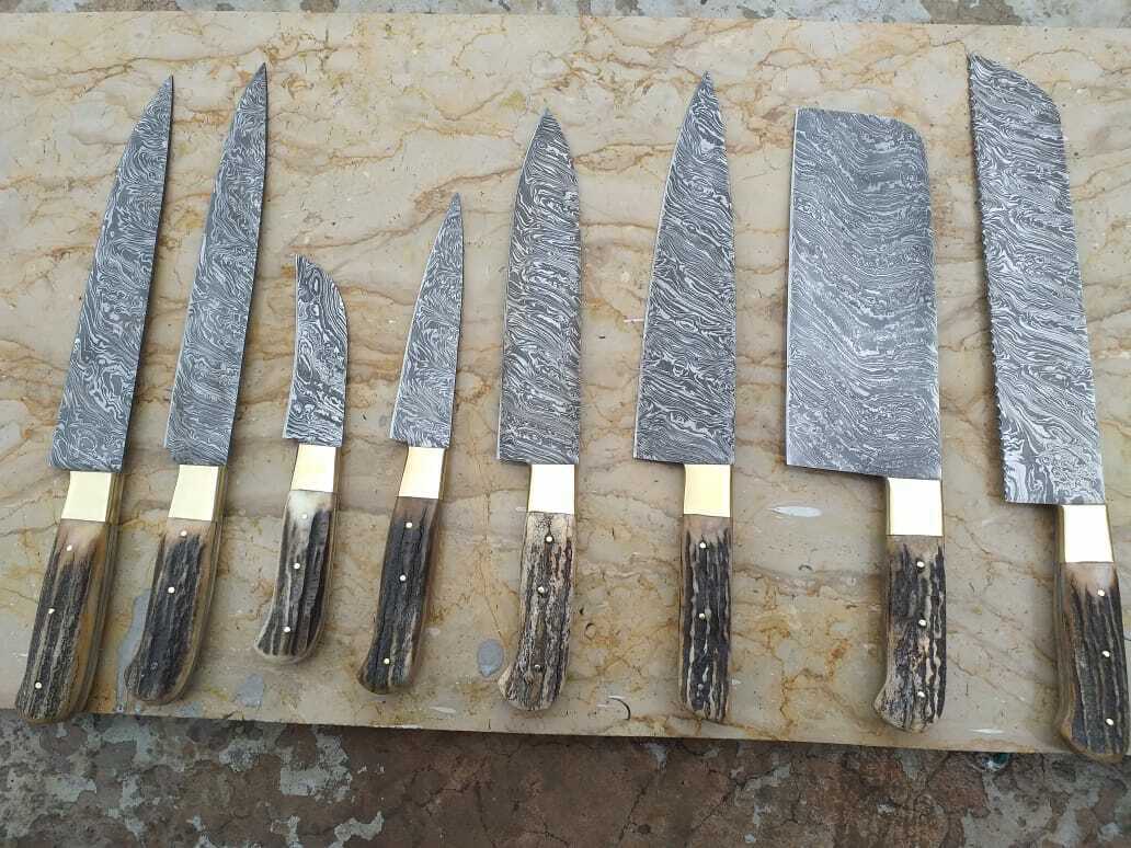 Damascus Steel Antler Horn Grip Chef Kitchen Knives Professional Set of 8 Knives - SUSA KNIVES