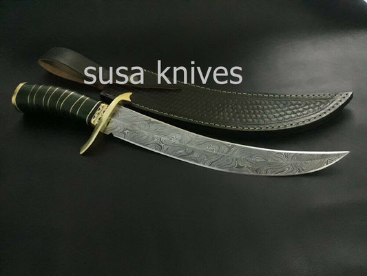 CUSTOM HANDMADE DAMASCUS STEEL ART/FANCY HUNTING KNIFE WITH LEATHER SHEATH - SUSA KNIVES