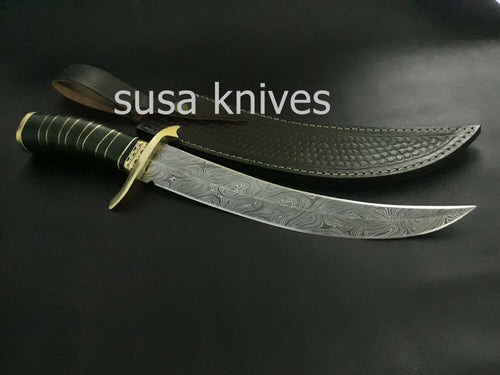 CUSTOM HANDMADE DAMASCUS STEEL ART/FANCY HUNTING KNIFE WITH LEATHER SHEATH - SUSA KNIVES