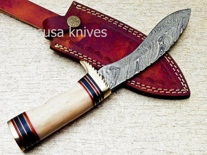 HAND FORGED DAMASCUS 9.5" KUKRI KNIFE WITH CAMEL BONE HANDLE - SUSA KNIVES