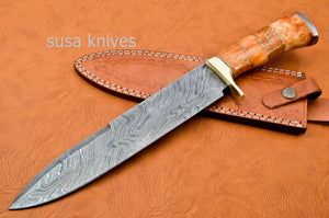 Handmade Damascus Steel Bowie Knive - Coloured Cammel Bone Handle - SUSA KNIVES