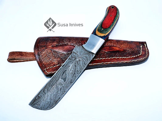 HAND FORGED DAMASCUS STEEL BULL CUTTER/COWBOY KNIFE & PUKKA WOOD HANDLE - SUSA KNIVES