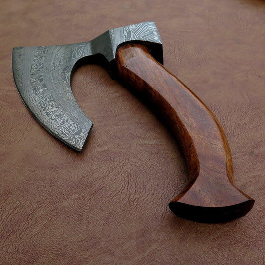 CUSTOM HAND FORGED DAMASCUS STEEL WALNUT WOOD TOMAHAWK AXE WITH LEATHER SHEATH - SUSA KNIVES