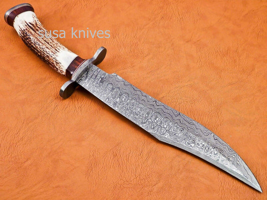 Handmade Damascus Steel Bowie Knive - Stag & Rose Wood Handle - SUSA KNIVES
