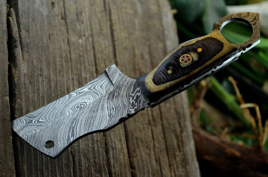 CUSTOM MADE MINI POCKET CLEAVER HUNTING KNIFE FORGED DAMASCUS STEEL WITH SHEATH - SUSA KNIVES