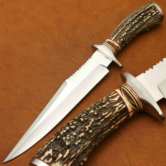CUSTOM HAND MADE D2 BOWIE HUNTING KNIFE - FIGHTER KNIFE - STAG ANTLER HANDLE - SUSA KNIVES