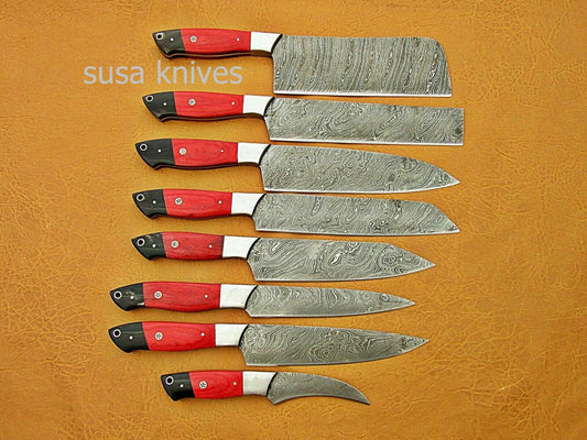 CUSTOM HANDMADE DAMASCUS STEEL CHEF SET/KITCHEN 8 PCS ROSEWOOD ,BUFFALO HORN - SUSA KNIVES
