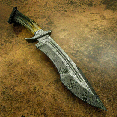 CUSTOM DAMASCUS BOWIE HUNTING KNIFE - STAG CROWN ANTLER - DAMASCUS GUARD - SUSA KNIVES