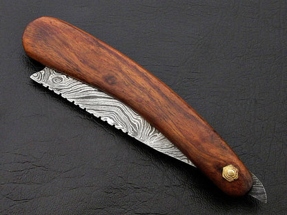 CUSTOM HANDMADE DAMASCUS STEEL BARBER FOLDING RAZOR ROSE WOOD HANDLE WITH POUCH - SUSA KNIVES
