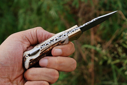 HAND FORGED D2 STEEL BackLock Folding Knife W/Stag & Brass Bolster Handle - SUSA KNIVES