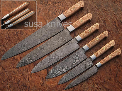 USTOM MADE DAMASCUS BLADE 6Pcs. CHEF/KITCHEN KNIVES SET - SUSA KNIVES