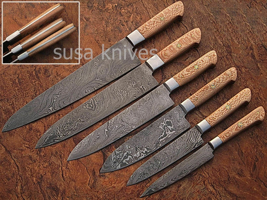 USTOM MADE DAMASCUS BLADE 6Pcs. CHEF/KITCHEN KNIVES SET - SUSA KNIVES
