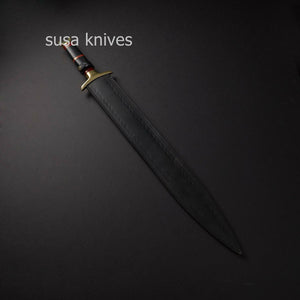 CUSTOM HANDMADE 28.5inches DAMASCUS STEEL KRIS BLADE SWORD WITH LEATHER SHEATH - SUSA KNIVES