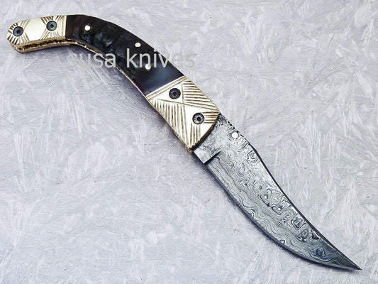SUPERB CUSTOM HANDMADE DAMASCUS STEEL POCKET FOLDING KNIFE LINER LOCK - SUSA KNIVES