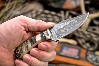 Handmade Raindrop Damascus Custom Sheep Horn Small Skinning Hunting Knife - SUSA KNIVES