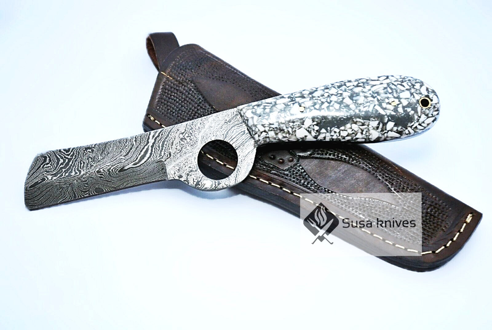 HAND FORGED DAMASCUS STEEL BULL CUTTER/COWBOY KNIFE & RISEN HANDLE - SUSA KNIVES