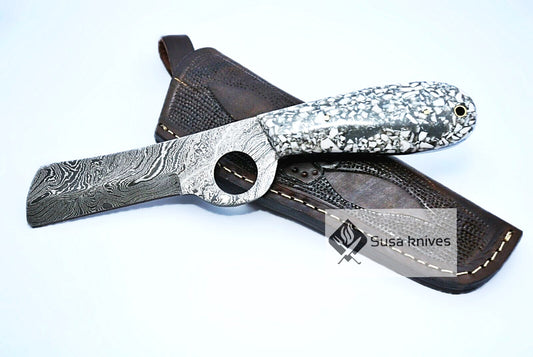 HAND FORGED DAMASCUS STEEL BULL CUTTER/COWBOY KNIFE & RISEN HANDLE - SUSA KNIVES