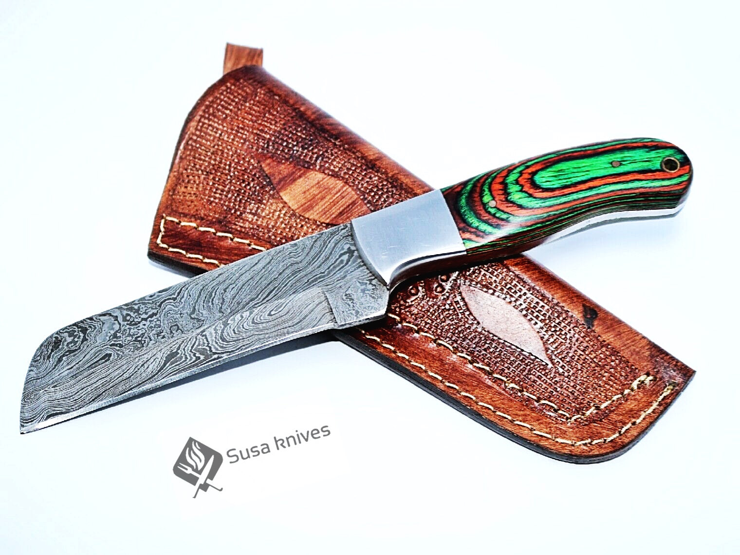 HAND FORGED DAMASCUS STEEL BULL CUTTER/COWBOY KNIFE & PUKKA WOOD HANDLE - SUSA KNIVES