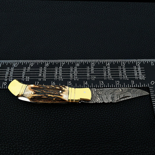 Hand Made Damascus Steel Folding/Pocket Knife Stag Horn Handle Back Lock - SUSA KNIVES