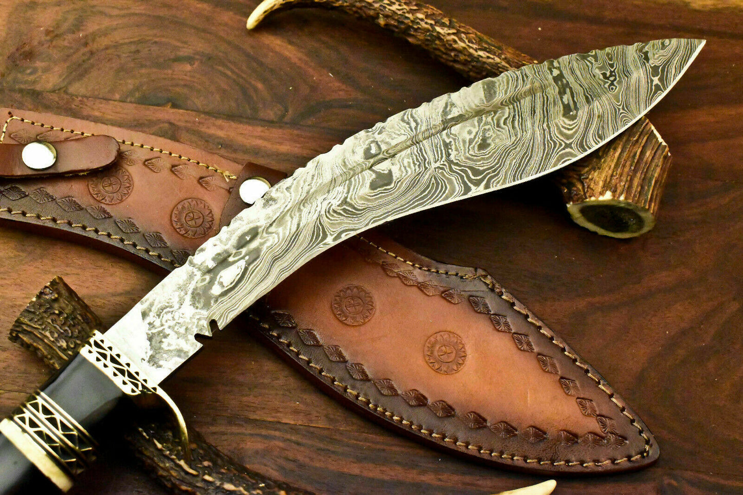 Custom Handmade Damascus Steel Kukri Knife | Sheath | Buffalo Horn Handle. - SUSA KNIVES