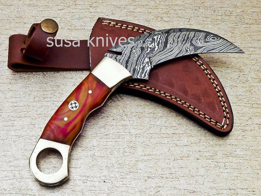 SUPERB CUSTOM HAND FORGED DAMASCUS STEEL KARAMBIT KNIFE CORIAN MATERIAL - SUSA KNIVES