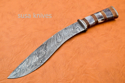 Handmade Damascus Steel Bowie Knive - Cammel Bone & Rose Wood Handle - SUSA KNIVES