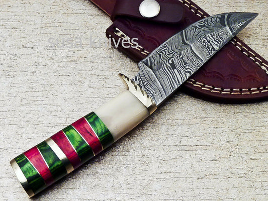 HANDMADE DAMASCUS 8.0" HUNTING KNIFE WITH CAMEL BONE HANDLE - SUSA KNIVES