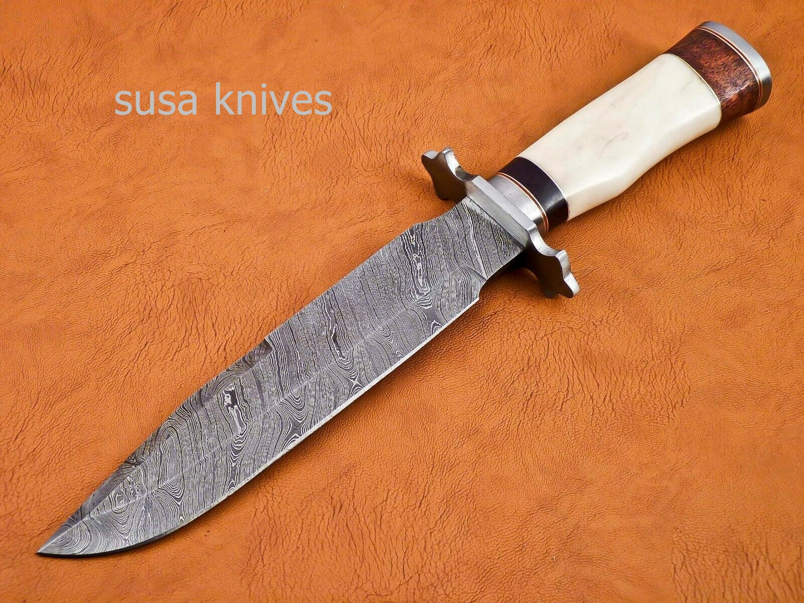 Handmade Damascus Steel Bowie Knive - Cammel Bone & Rose Wood Handle - SUSA KNIVES