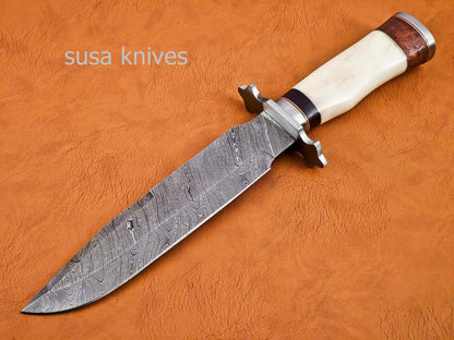 Handmade Damascus Steel Bowie Knive - Cammel Bone & Rose Wood Handle - SUSA KNIVES