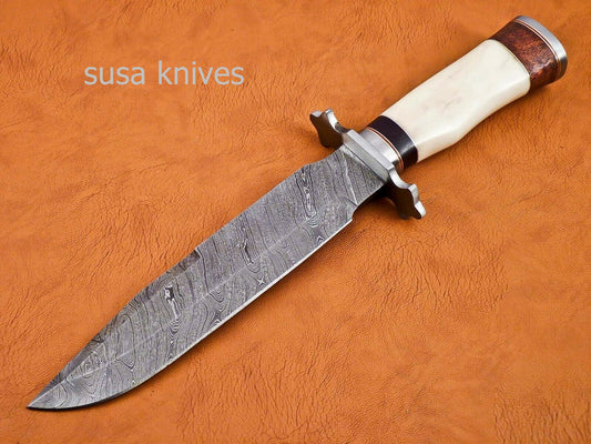 Handmade Damascus Steel Bowie Knive - Cammel Bone & Rose Wood Handle - SUSA KNIVES