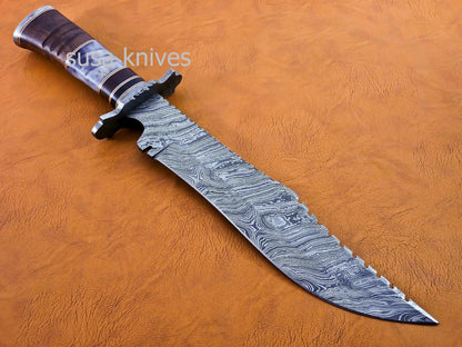 Handmade Damascus Steel Bowie Knive - Cammel Bone & Rose Wood Handle - SUSA KNIVES