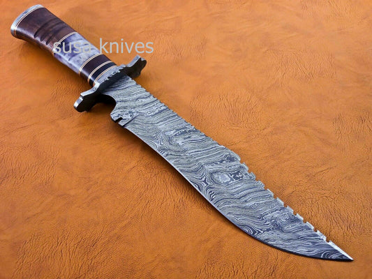 Handmade Damascus Steel Bowie Knive - Cammel Bone & Rose Wood Handle - SUSA KNIVES