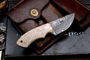 Handmade Raindrop Damascus Custom Camel Bone Small Skinning Utility Knife - SUSA KNIVES