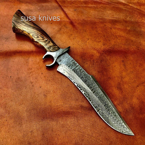 Overall 16" Damascus Steel Hunting Knife Bowie Knife Classic Wood Handle. - SUSA KNIVES