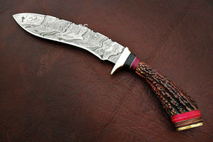 Custom Handmade Damascus Steel Kukri Style Hunting Knife with Stag Handle - SUSA KNIVES
