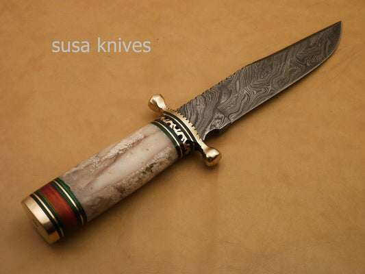 Custom Handmade Damascus Steel Hunting Bowie Knife with Colored Bone - SUSA KNIVES