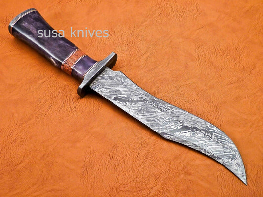 Handmade Damascus Steel Bowie Knive - Cammel Bone & Rose Wood Handle - SUSA KNIVES