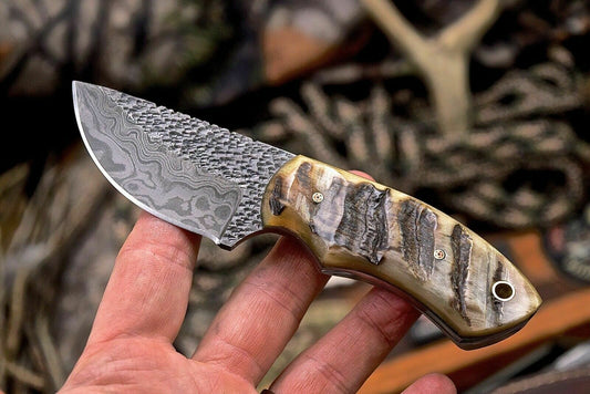 Handmade Twist Damascus Custom Sheep Horn Small Skinning Hunting Knife - SUSA KNIVES