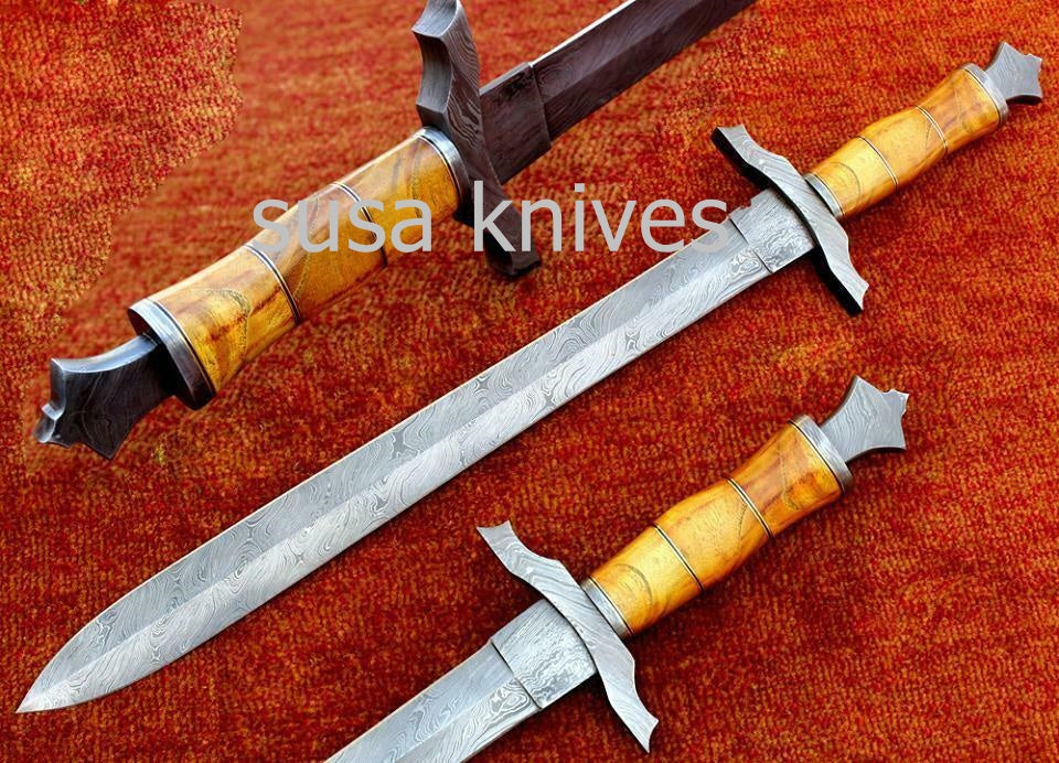 Custom Handmade Damascus Steel Sword [Sheath] Olive Wood Handle - SUSA KNIVES