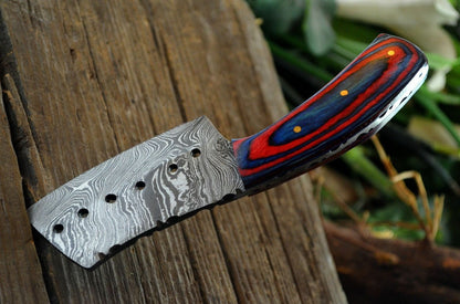 CUSTOM HANDMADE DAMASCUS STEEL MINI POCKET CLEAVER HUNTING BOOT KNIFE - SHEATH - SUSA KNIVES