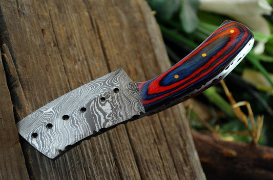 CUSTOM HANDMADE DAMASCUS STEEL MINI POCKET CLEAVER HUNTING BOOT KNIFE - SHEATH - SUSA KNIVES