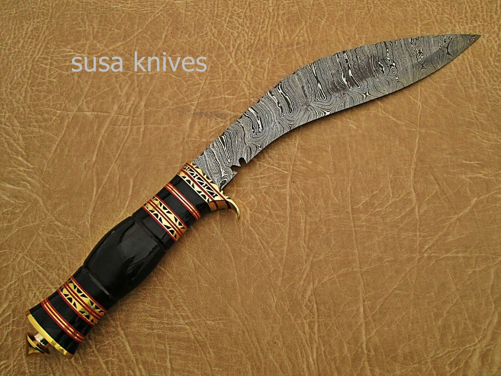 Damascus steel hunting Kukri knife BRASS GUARD Buffalo Horn. - SUSA KNIVES