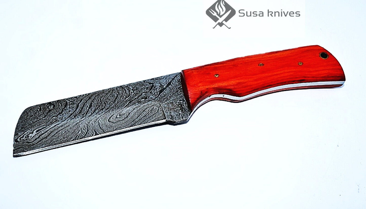 HAND FORGED DAMASCUS STEEL BULL CUTTER/COWBOY KNIFE & PUKKA WOOD HANDLE - SUSA KNIVES