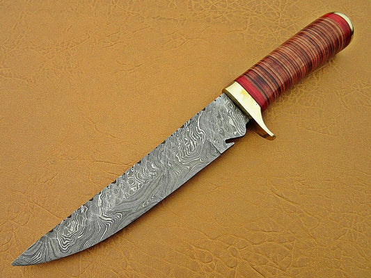 Custom Handmade Damascus Steel Hunting knife with Sheath" Leather Roll Handle - SUSA KNIVES