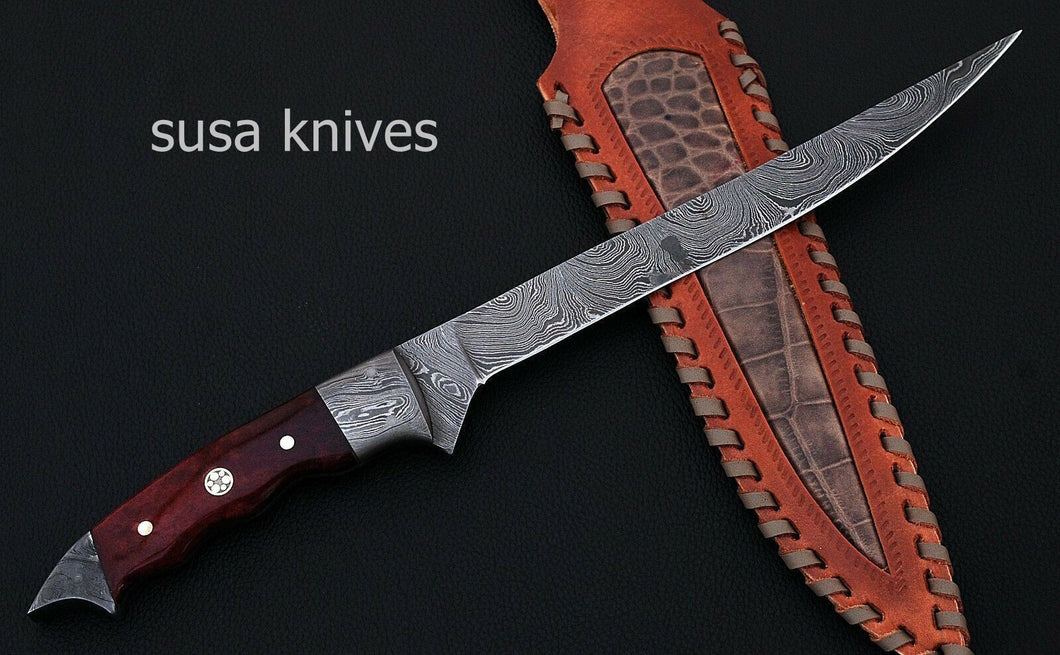 CUSTOM HANDMADE DAMASCUS STEEL KITCHEN/FILET KNIFE WITH LEATHER - SUSA KNIVES