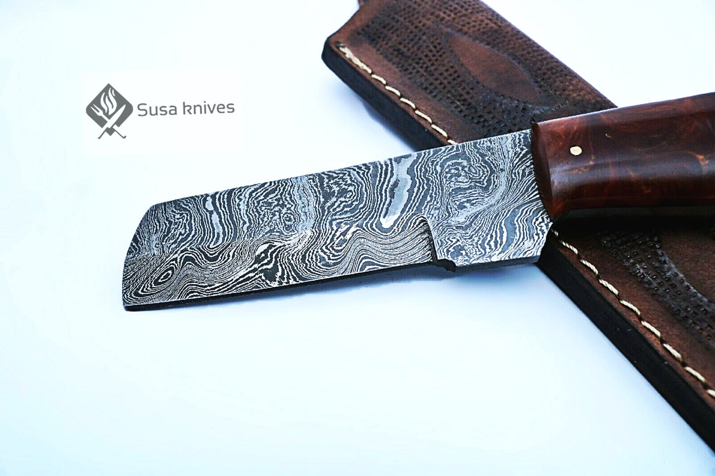 HAND FORGED DAMASCUS STEEL BULL CUTTER/COWBOY KNIFE & RISEN HANDLE - SUSA KNIVES
