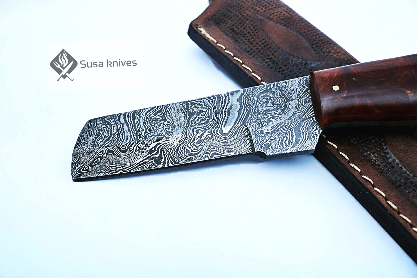 HAND FORGED DAMASCUS STEEL BULL CUTTER/COWBOY KNIFE & RISEN HANDLE - SUSA KNIVES